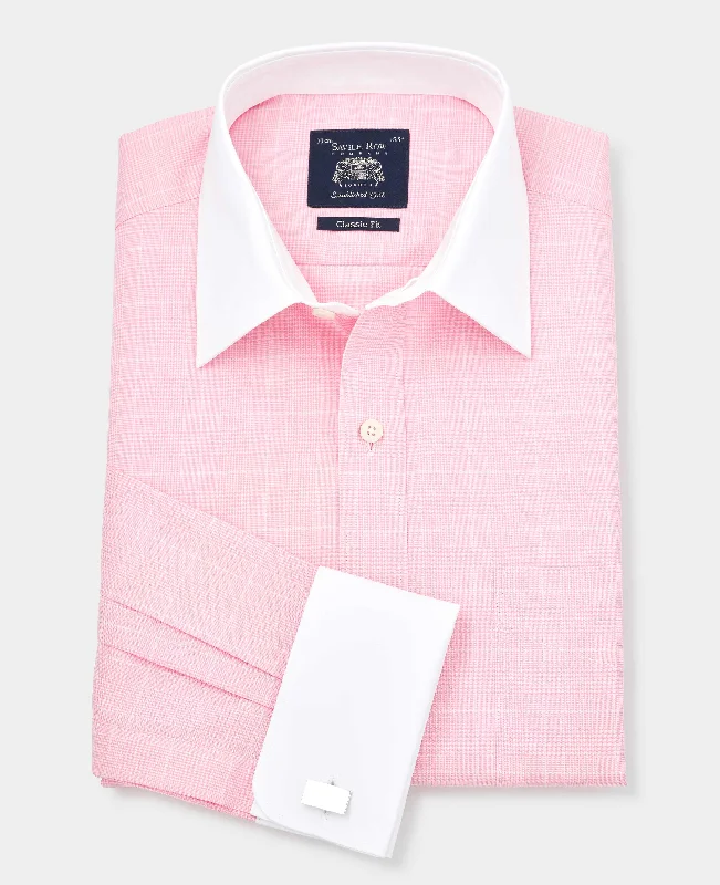 Pink Prince of Wales Check Classic Fit Contrast Collar Formal Shirt With White Collar & Cuffs