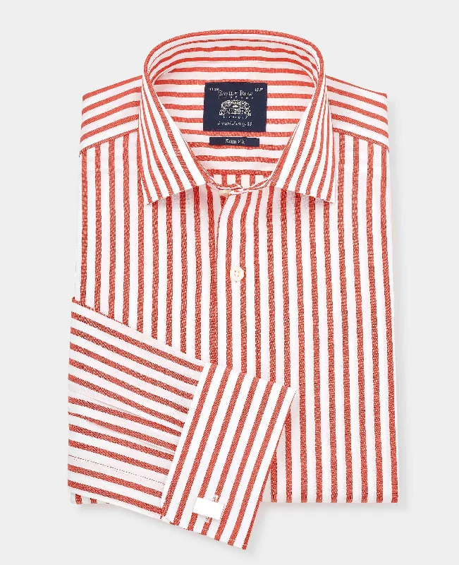 Red Slim Fit Striped Formal Shirt - Double Cuff