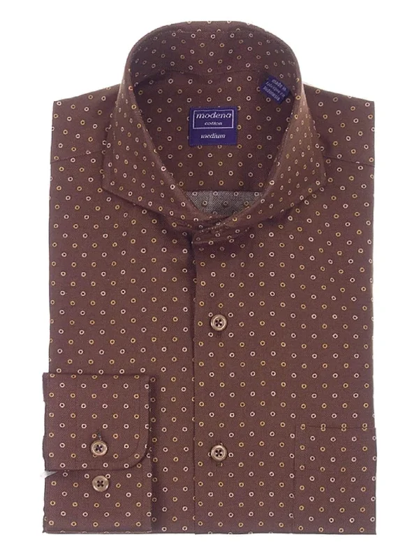 Regular Fit Chocolate Brown Circle Pattern Cutaway Collar Cotton Dress Shirt