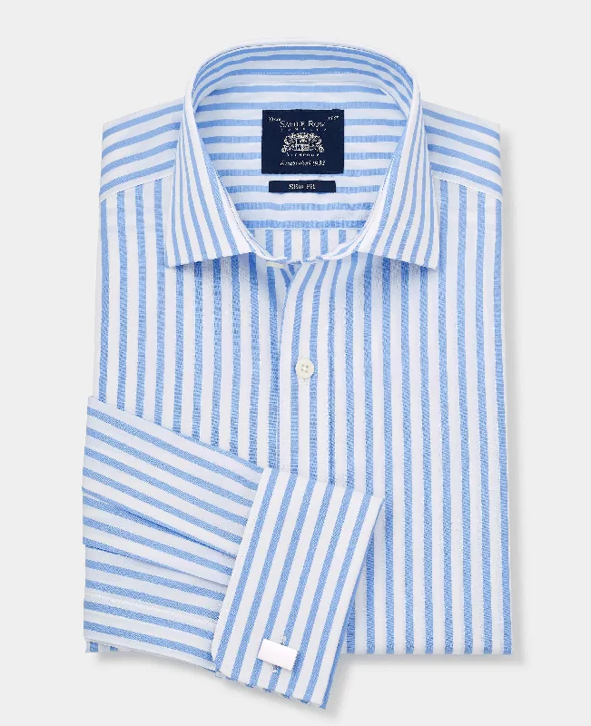 Sky Blue Slim Fit Striped Formal Shirt - Double Cuff