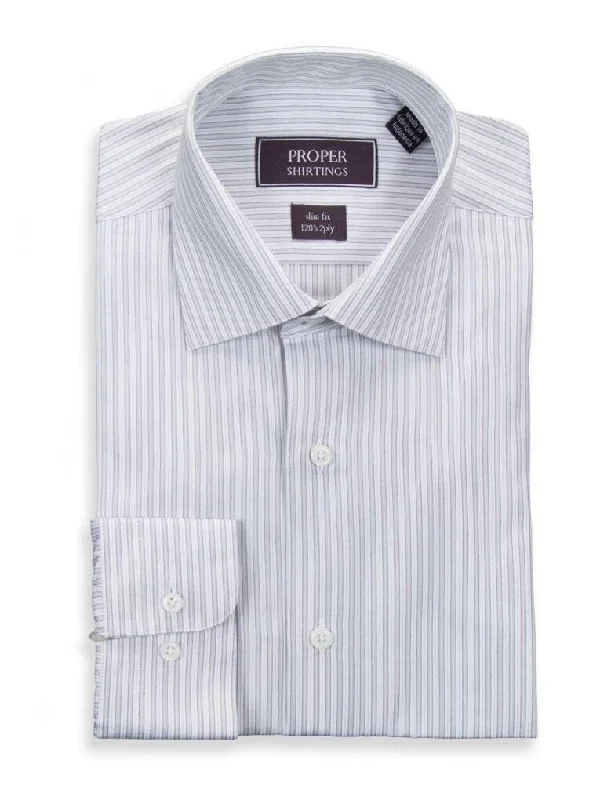 Slim Fit Gray White Striped Spread Collar 2 Ply Cotton Dress Shirt