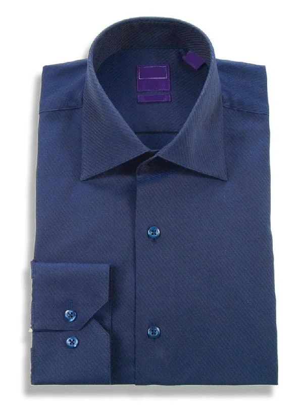 Slim Fit  Navy Blue Diagonal Striped Cotton Dress Shirt