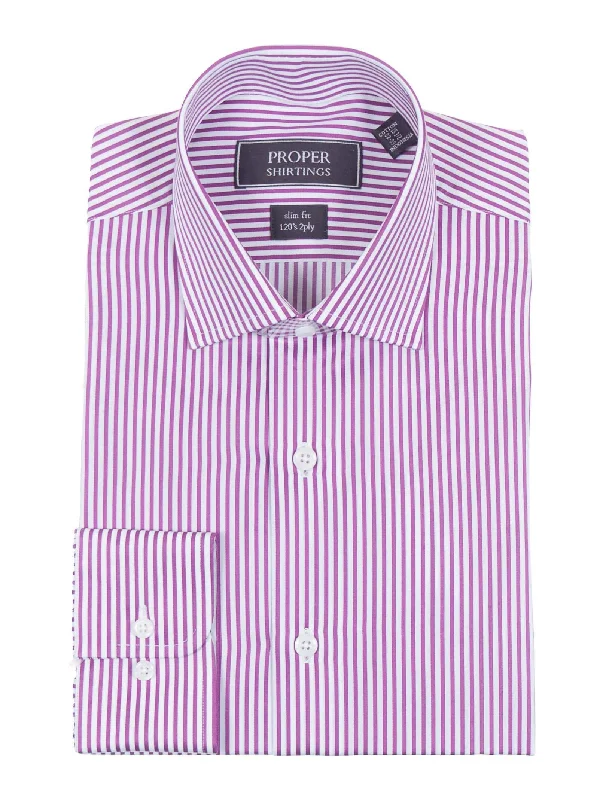 Slim Fit Orchid Pink Striped Spread Collar 2 Ply Cotton Dress Shirt