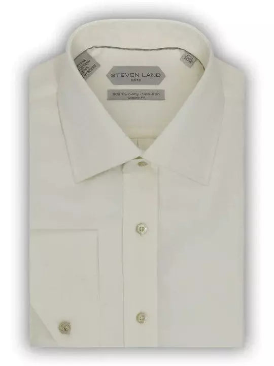 Steven Land Men's 100% Cotton Cream Non-Iron French Cuff Classic Fit Dress Shirt