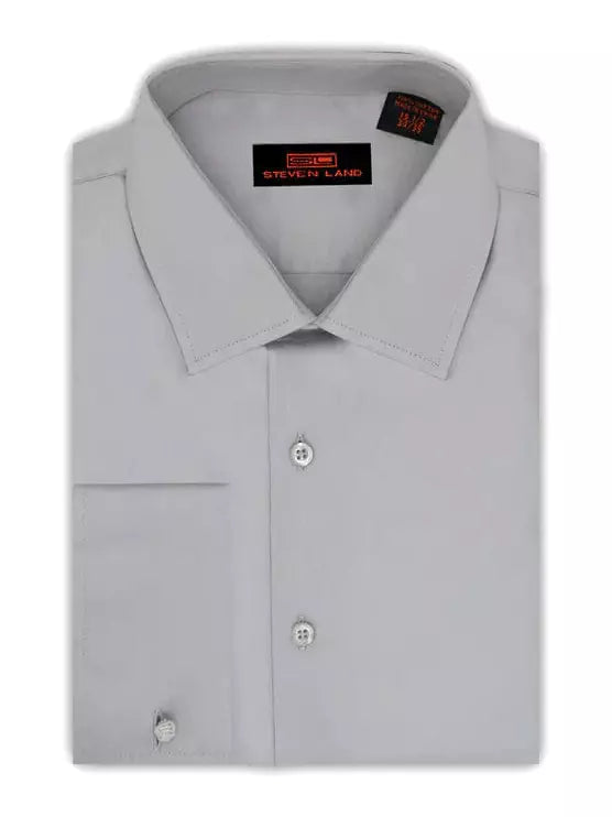 Steven Land Men's 100% Cotton Solid Silver French Cuff Non-Iron Dress Shirt