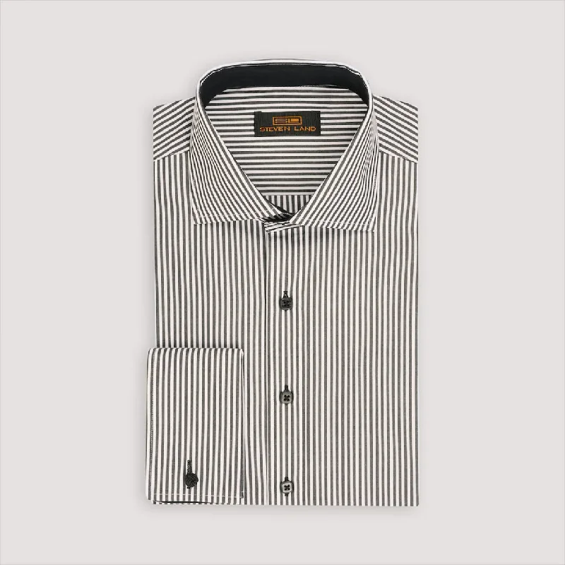 Steven Land Mens Black Striped 100% Cotton French Cuff Dress Shirt