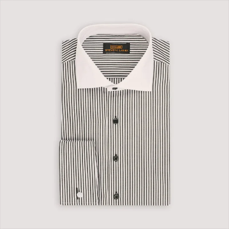 Steven Land Mens Black Striped 100% Cotton French Cuff Dress Shirt