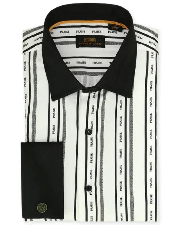 Steven Land Men's Black & White Striped Praise French Cuff 100% Cotton Dress Shirt