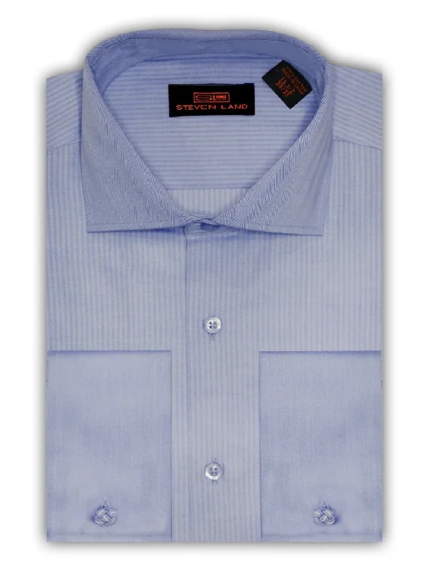 Steven Land Mens Blue Herringbone Cotton Spread Collar French Cuff Dress Shirt