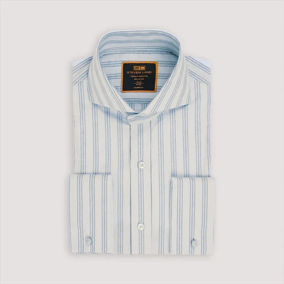 Steven Land Mens Blue Striped 100% Cotton French Cuff Dress Shirt