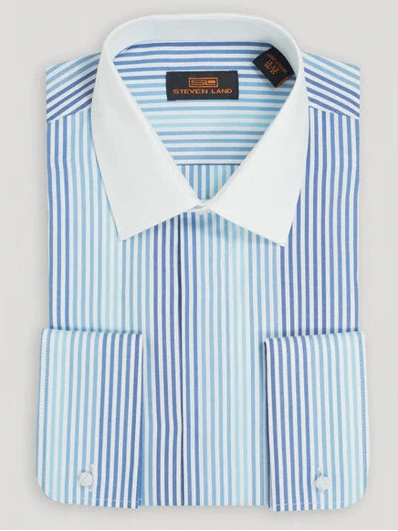 Steven Land Mens Blue Striped French Cuff 100% Cotton Dress Shirt