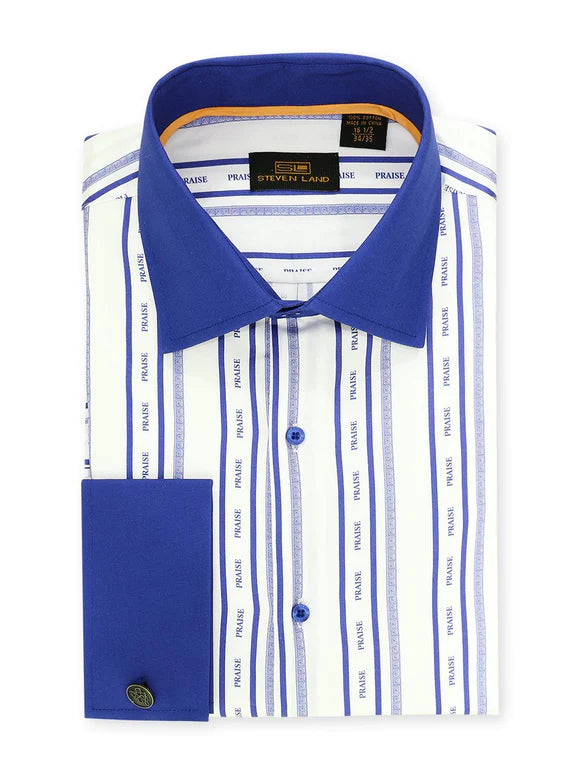 Steven Land Men's Blue & White Striped 'Praise' French Cuff 100% Cotton Dress Shirt