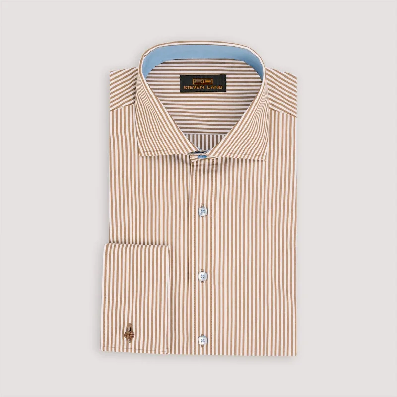 Steven Land Mens Brown Striped 100% Cotton French Cuff Dress Shirt