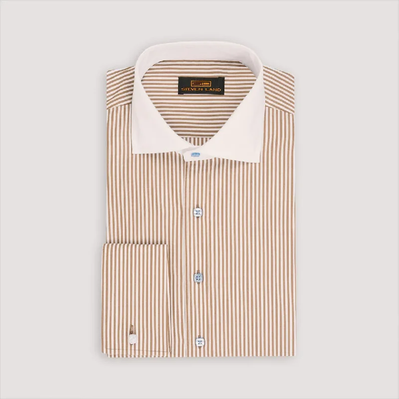 Steven Land Mens Brown Striped 100% Cotton French Cuff Dress Shirt