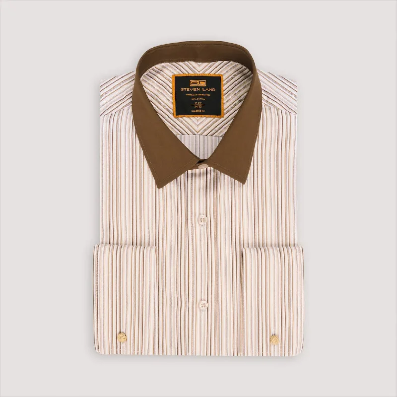 Steven Land Mens Brown Striped 100% Cotton French Cuff Dress Shirt