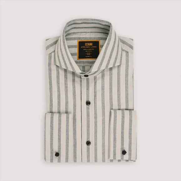 Steven Land Mens Gray Striped 100% Cotton French Cuff Dress Shirt