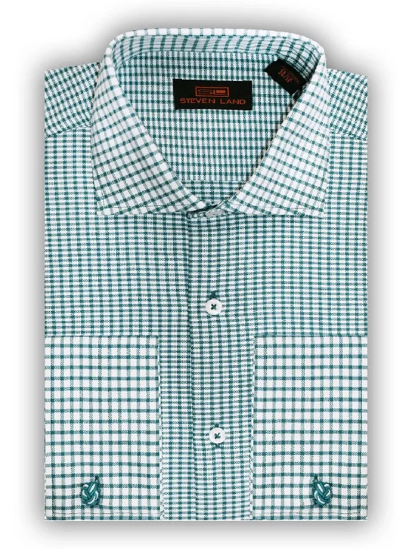 Steven Land Mens Green Check 100% Cotton Spread Collar French Cuff Dress Shirt