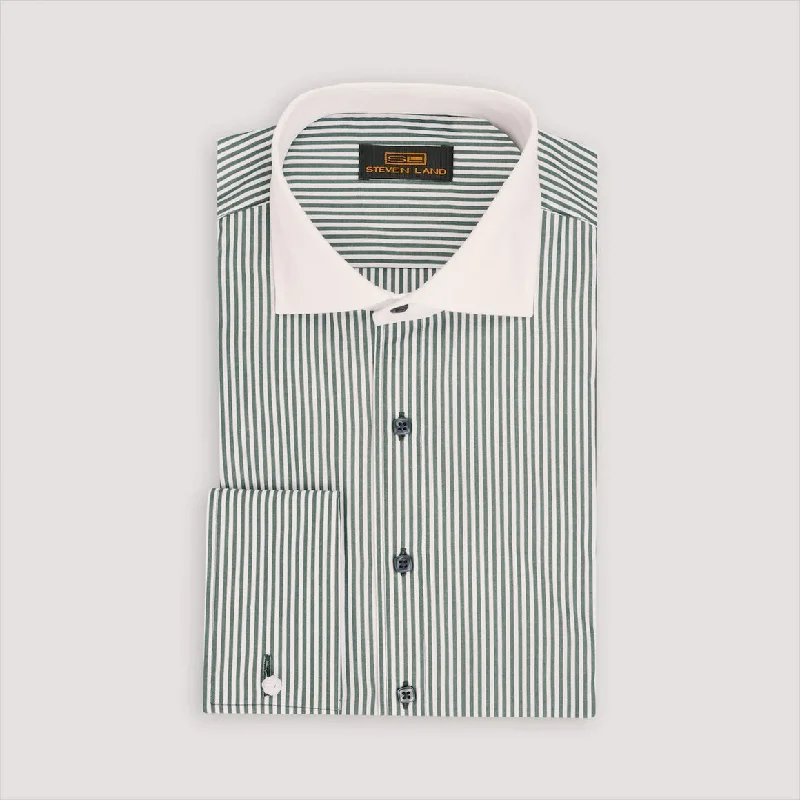 Steven Land Mens Green Striped 100% Cotton French Cuff Dress Shirt