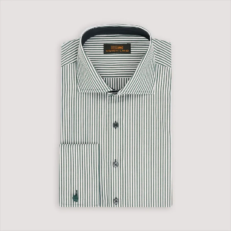 Steven Land Mens Green Striped 100% Cotton French Cuff Dress Shirt