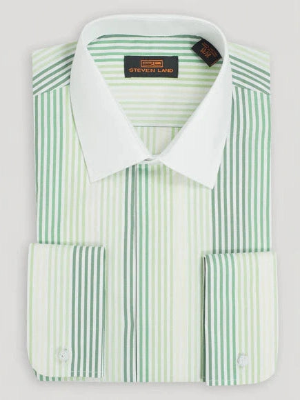 Steven Land Mens Green Striped French Cuff 100% Cotton Dress Shirt