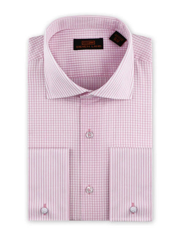 Steven Land Mens Lavender Check Classic Fit 100% Cotton French Cuff Dress Shirt