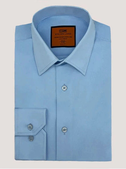 Steven Land Mens Light Blue Slim Fit 4 Way Stretch Spread Collar Dress Shirt