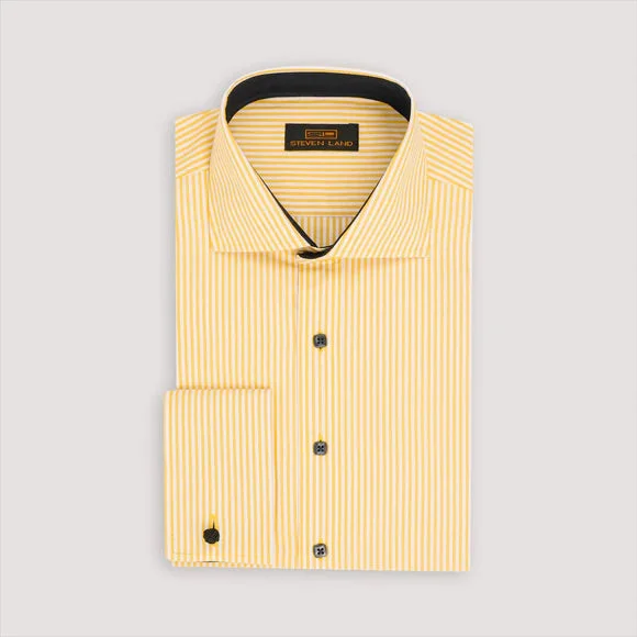 Steven Land Mens Marigold Yellow Striped 100% Cotton French Cuff Dress Shirt