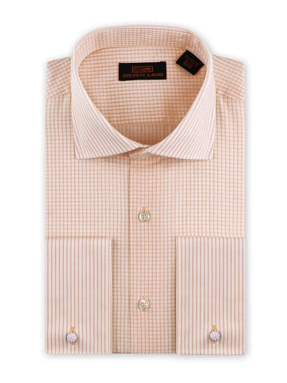 Steven Land Mens Peach Check Classic Fit 100% Cotton French Cuff Dress Shirt