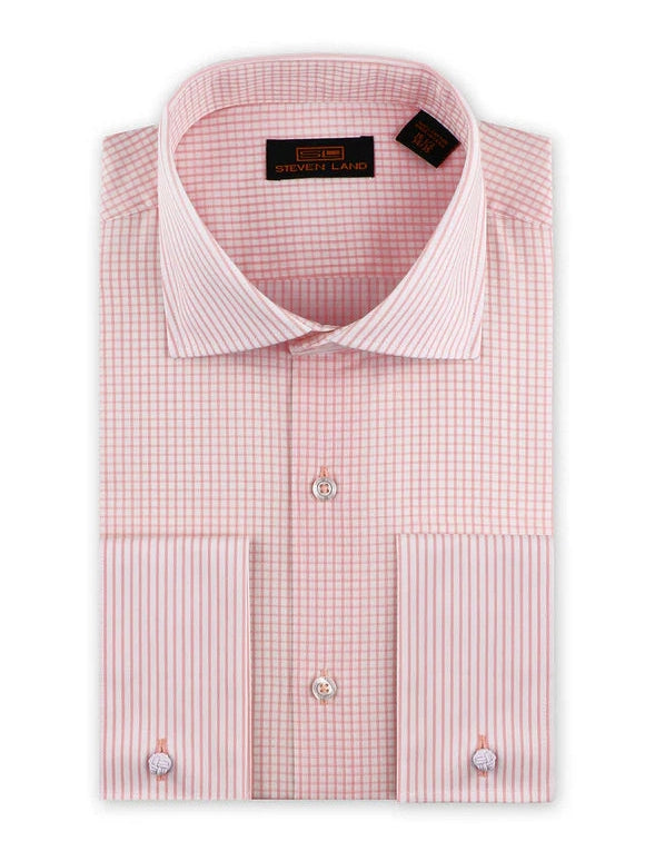 Steven Land Mens Pink Check Classic Fit 100% Cotton French Cuff Dress Shirt