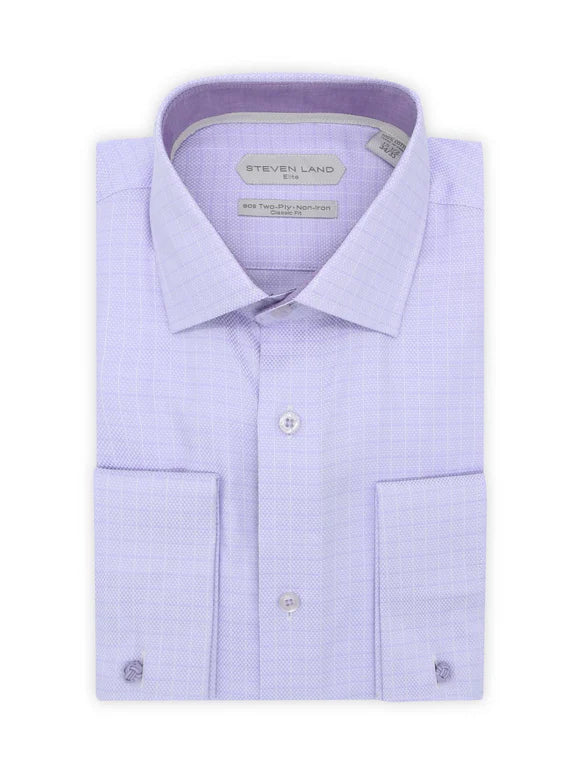 Steven Land Mens Purple Check Classic Fit 100% Cotton French Cuff Dress Shirt