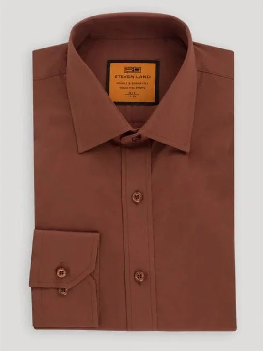 Steven Land Mens Solid Brown Spread Collar Wrinkle Free Cotton Dress Shirt