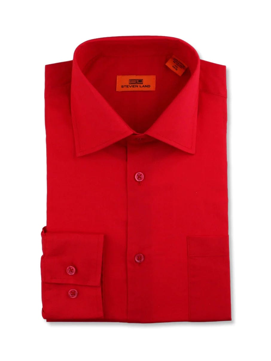 Steven Land Men's Solid Red Spread Collar Wrinkle Free Cotton Dress Shirt