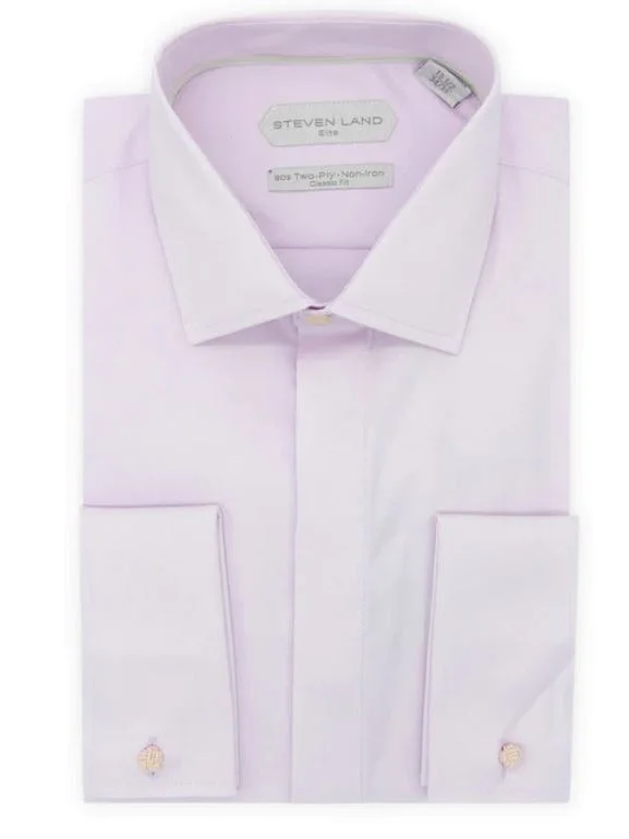 Steven Land Mens Solid Lavender Regular Fit Cotton French Cuff Dress Shirt