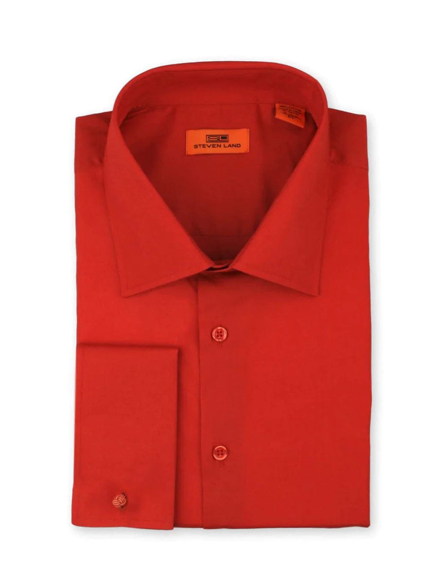 Steven Land Mens Solid Red 100% Cotton Wrinkle Free French Cuff Dress Shirt