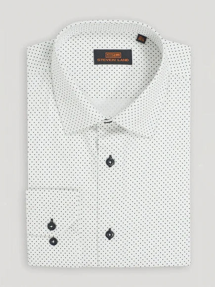 Steven Land Mens White & Black Dot Cotton Blend Stretch Spread Collar Dress Shirt