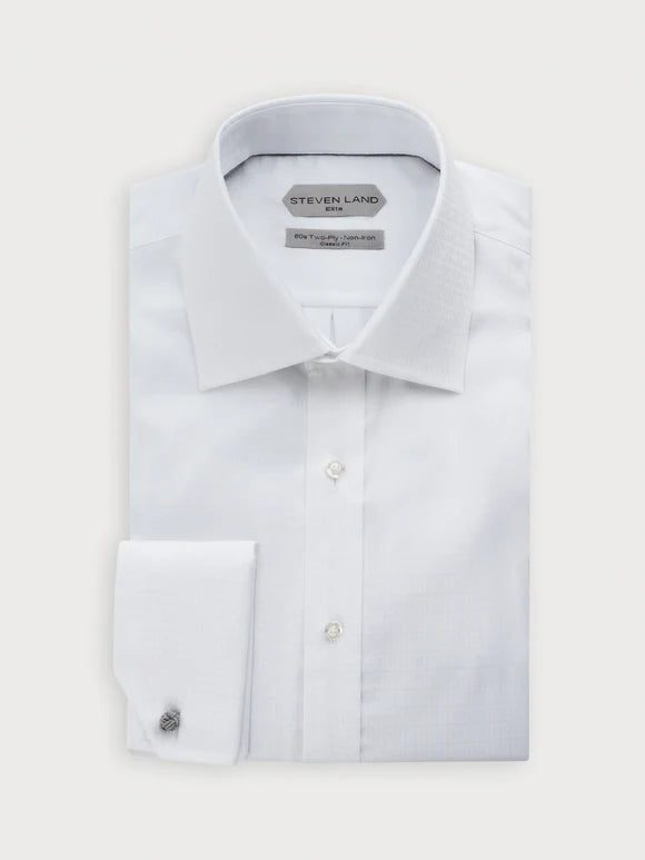 Steven Land Mens White Classic Fit Spread Collar French Cuff 100% Cotton Dress Shirt