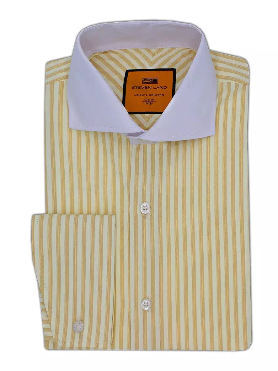 Steven Land Mens Yellow Striped French Cuff Contrast Collar Cotton Dress Shirt