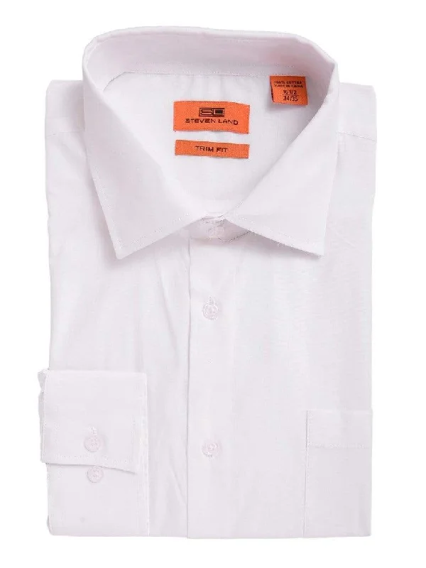 Steven Land Trim Fit Solid White Twill Spread Collar Barrel Cuff Cotton Dress Shirt