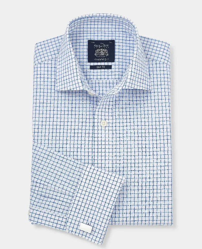 White Blue Windowpane Check Slim Fit Formal Shirt - Double Cuff