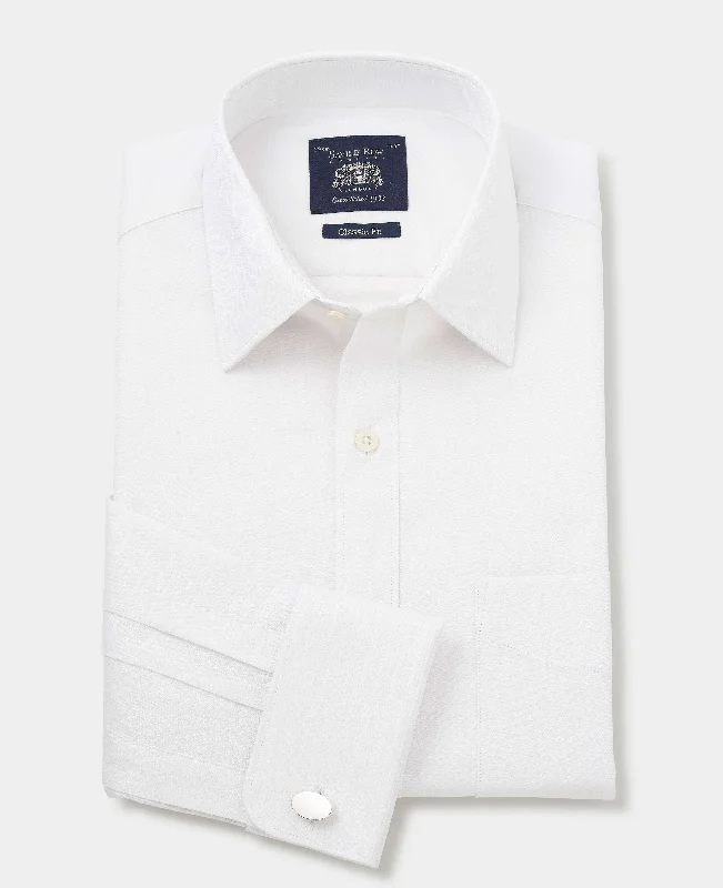 White Cotton Herringbone Classic Fit Formal Shirt - Double Cuff