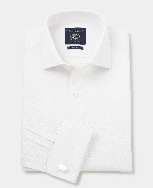 Natural White Cotton Herringbone Slim Fit Formal Shirt - Double Cuff