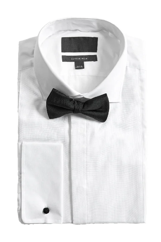 White Pleated Dress Shirt Double Cuff Regular Collar with Bow Tie